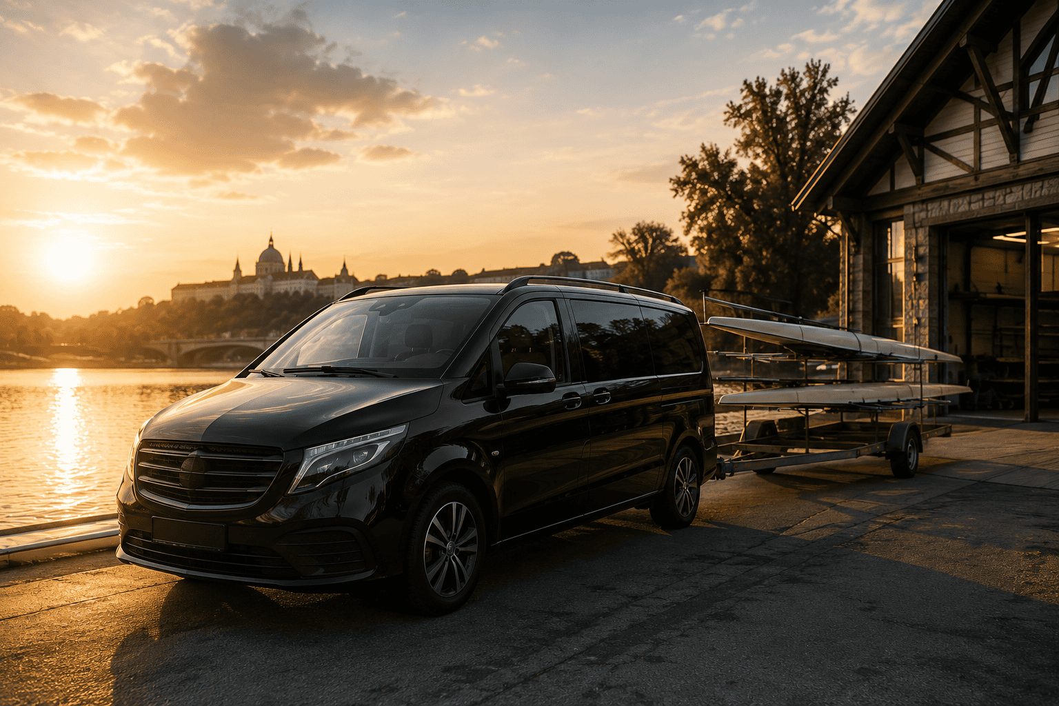 Chauffeur van with a boat trailer parked at a riverside boathouse at sunset
