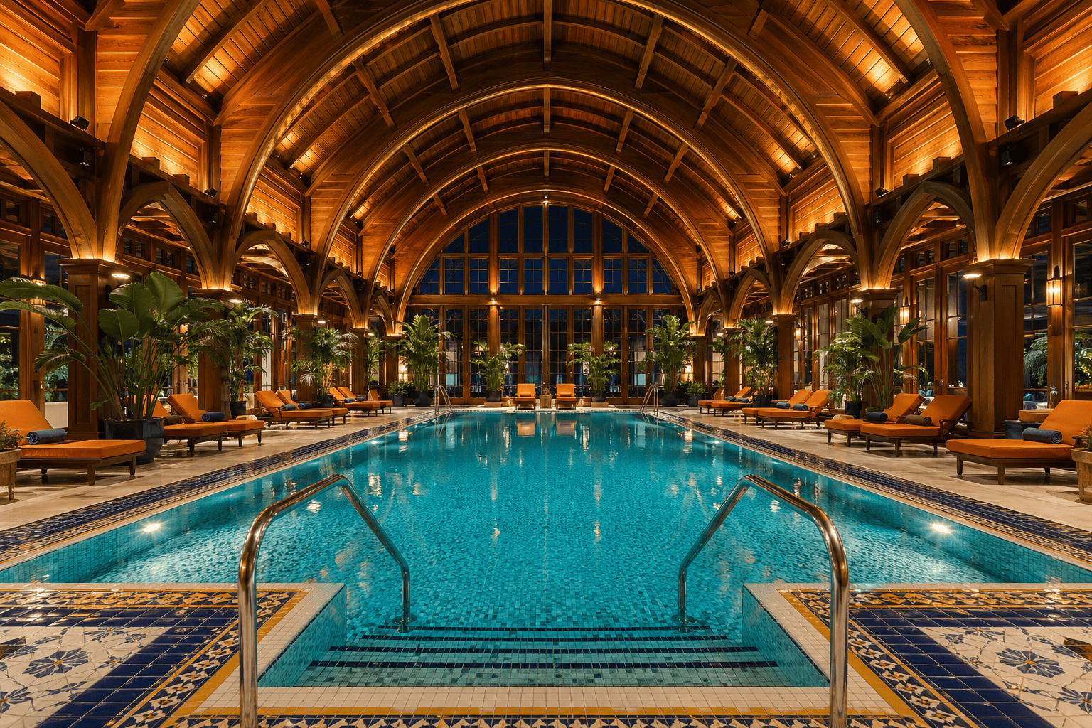 Sunlit outdoor pool at a Budapest summer bath