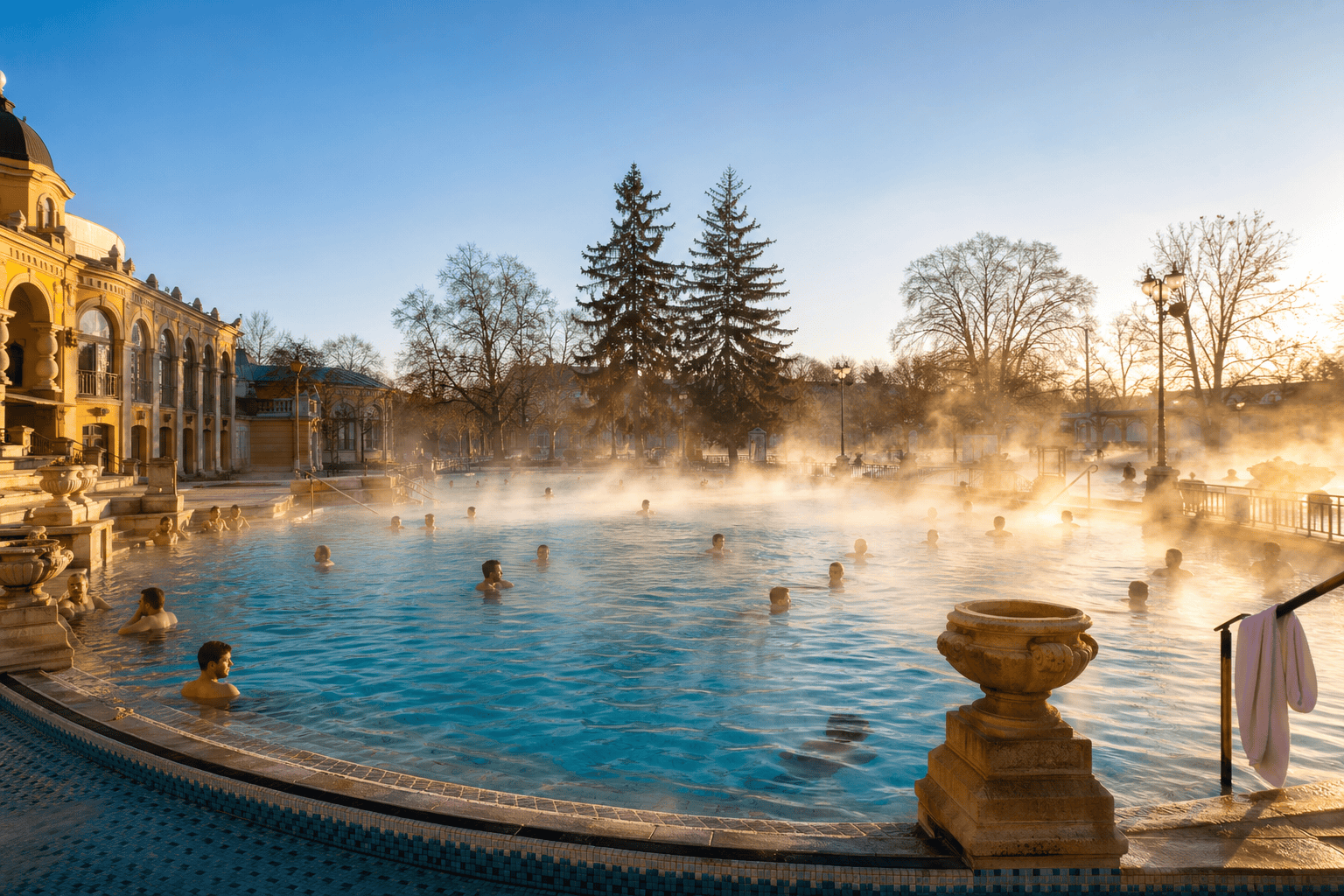 Sunlit outdoor pool at a Budapest summer bath