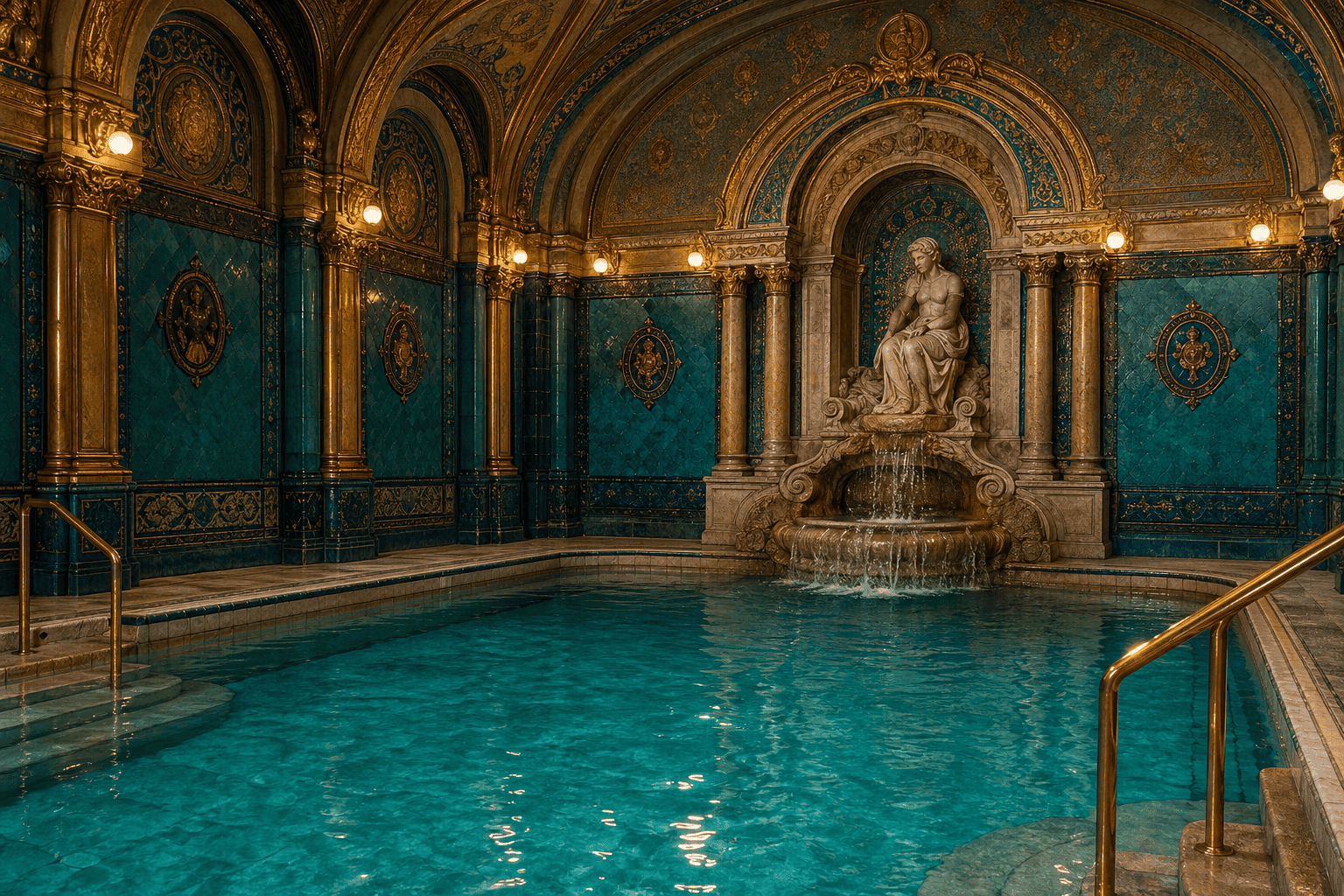 Sunlit outdoor pool at a Budapest summer bath