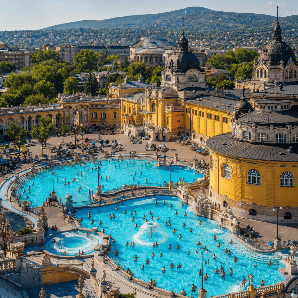 Outdoor swimming pool at a Budapest summer bath