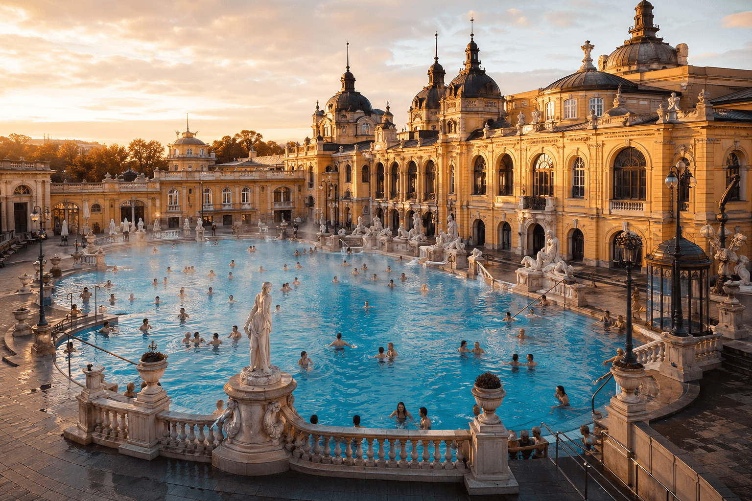Sunlit outdoor pool at a Budapest summer bath