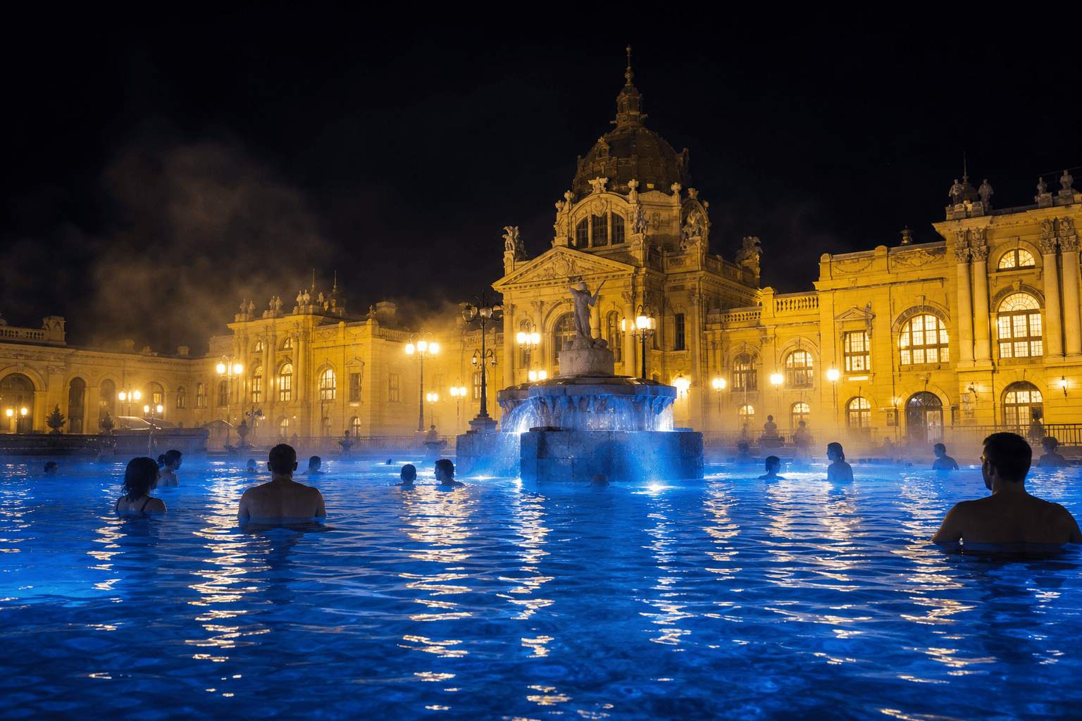 Sunlit outdoor pool at a Budapest summer bath