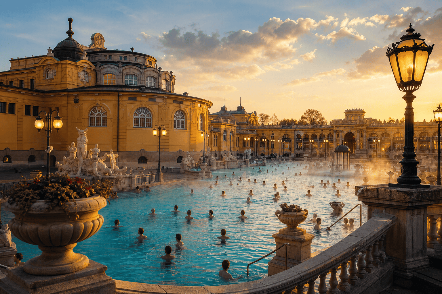 Sunlit outdoor pool at a Budapest summer bath
