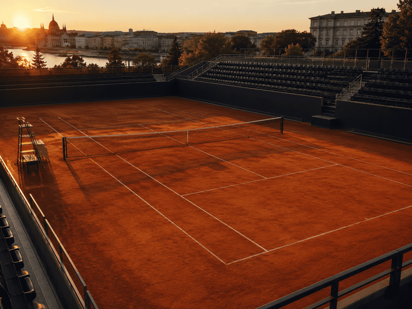 Empty clay tennis court at sunset with the Budapest skyline behind it