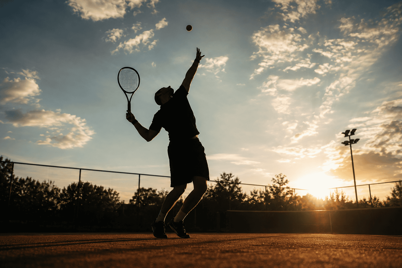 Silhouette of a tennis player serving on an outdoor court at sunset