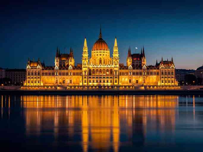 Hungarian Parliament Building in Budapest seen from the Danube at blue hour