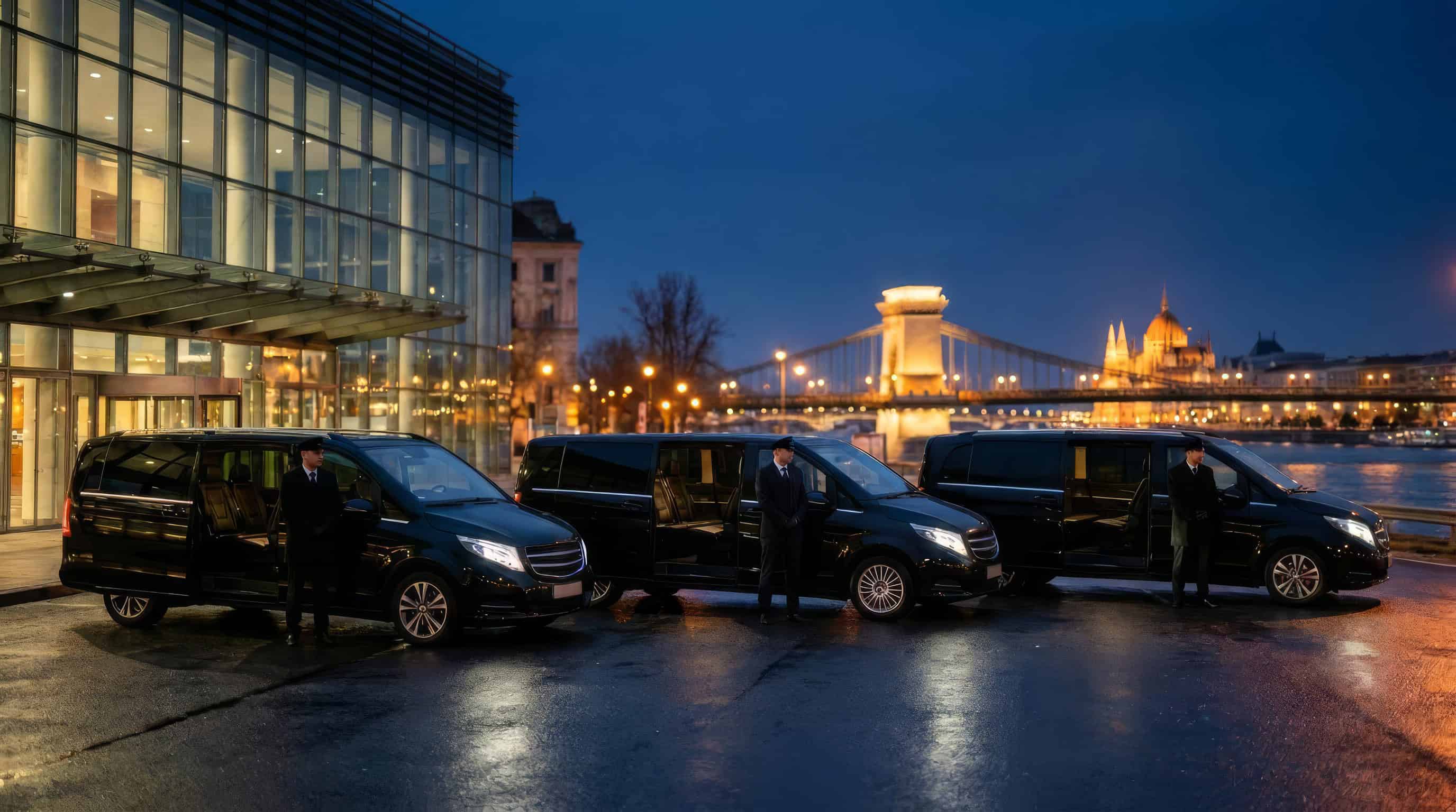 VanBudapest vehicles beside the Danube in Budapest at night
