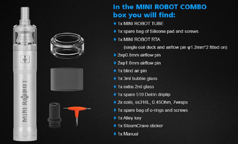 Steam Crave Mini Robot Vape Kit Steam Crave Mini Robot Mod $34.90 | Combo Kit $28.00