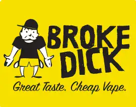 Logo of broke dick, a popular vape brand known for great taste and affordable prices, featuring a cartoon character with a mustache, hat, and casual attire.