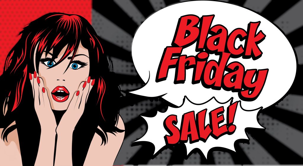 Red-haired surprised woman promoting Black Friday vape deals and discounts.