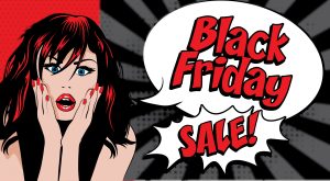 Red-haired surprised woman promoting Black Friday vape deals and discounts.