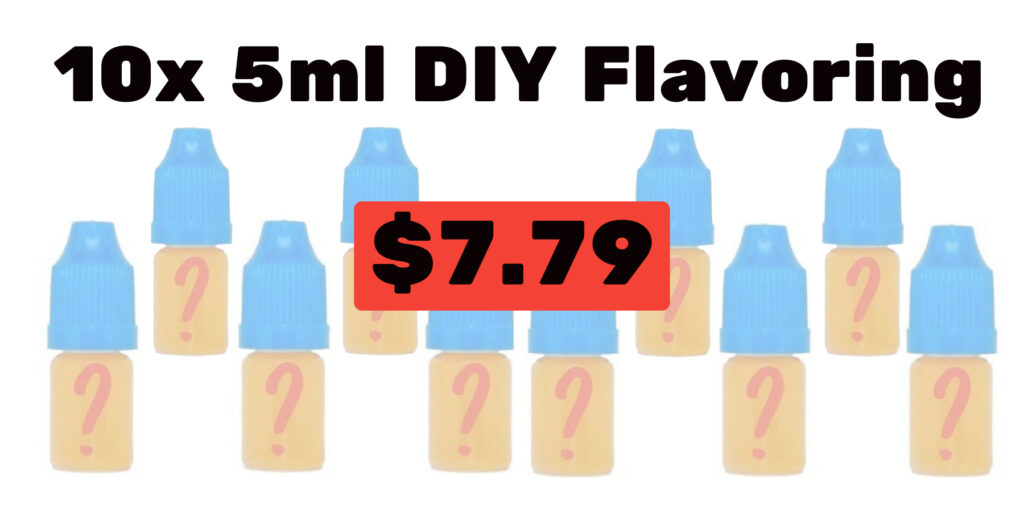 Image of 10 bottles of diy e-juice flavor concentrates with question marks, priced at $7. 79 for a 10-pack of 5ml bottles.