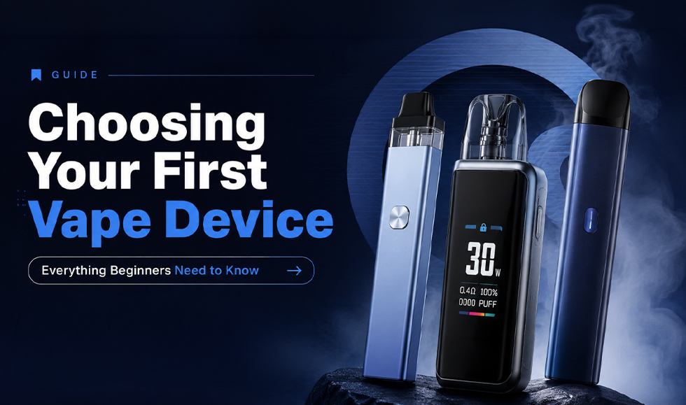 Image showing different vape devices for beginners, including a digital vape with display, a sleek pen-style vape, and a compact vape, suitable for new users.