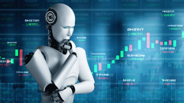 Robot analyzing financial data with stock charts in background.