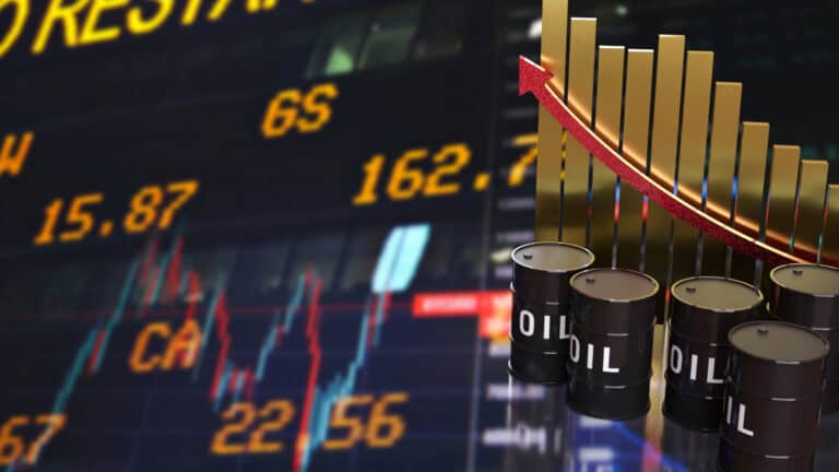 Falling stock market graph with oil barrels and declining trend line.