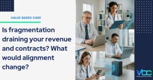Four healthcare professionals work remotely on laptops and tablets, illustrating digital connection, data sharing, and value-based care in a setting shaped by healthcare reimbursement and upcoming 2026 Medicare payment changes. Text discusses fragmentation and alignment in healthcare.