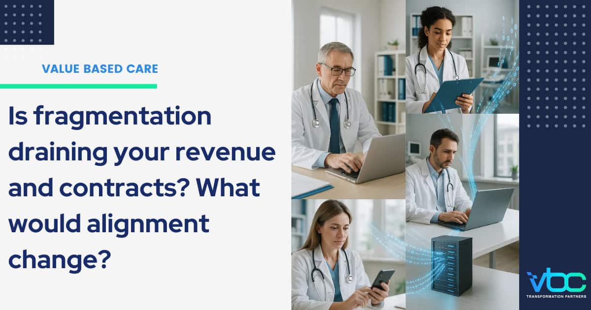 Four healthcare professionals work remotely on laptops and tablets, illustrating digital connection, data sharing, and value-based care in a setting shaped by healthcare reimbursement and upcoming 2026 Medicare payment changes. Text discusses fragmentation and alignment in healthcare.