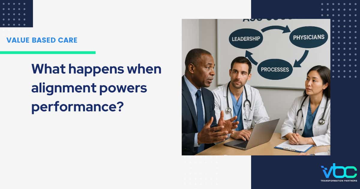 Three medical professionals sit together discussing healthcare challenges, with a diagram showing "Leadership," "Physicians," and "Processes"—key elements in building alignment in an ACO—connected by arrows on a board behind them.