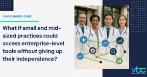Illustration of independent physician practices connected by data, analytics, and tools, symbolizing resilience and support against burnout and consolidation.