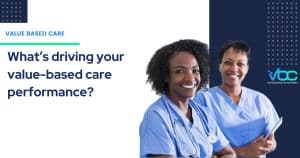 Two smiling healthcare professionals in blue scrubs stand side by side, Value-Based Care Optimization Assessment identifying performance gaps in healthcare workflows