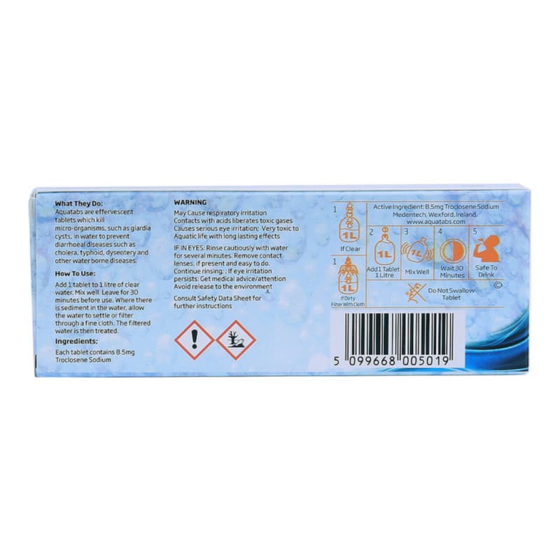 Aquatabs waterzuiveringstabletten achterzijde verpakking
