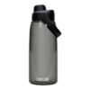 De Drinkfles Camelbak Chug Charcoal 1000ml is een transparante, donkergrijze waterfles, met een brede draagbeugel en een zwarte drinkdop. De drinkfles heeft het Camelbak-logo op de voorkant en op de beugel