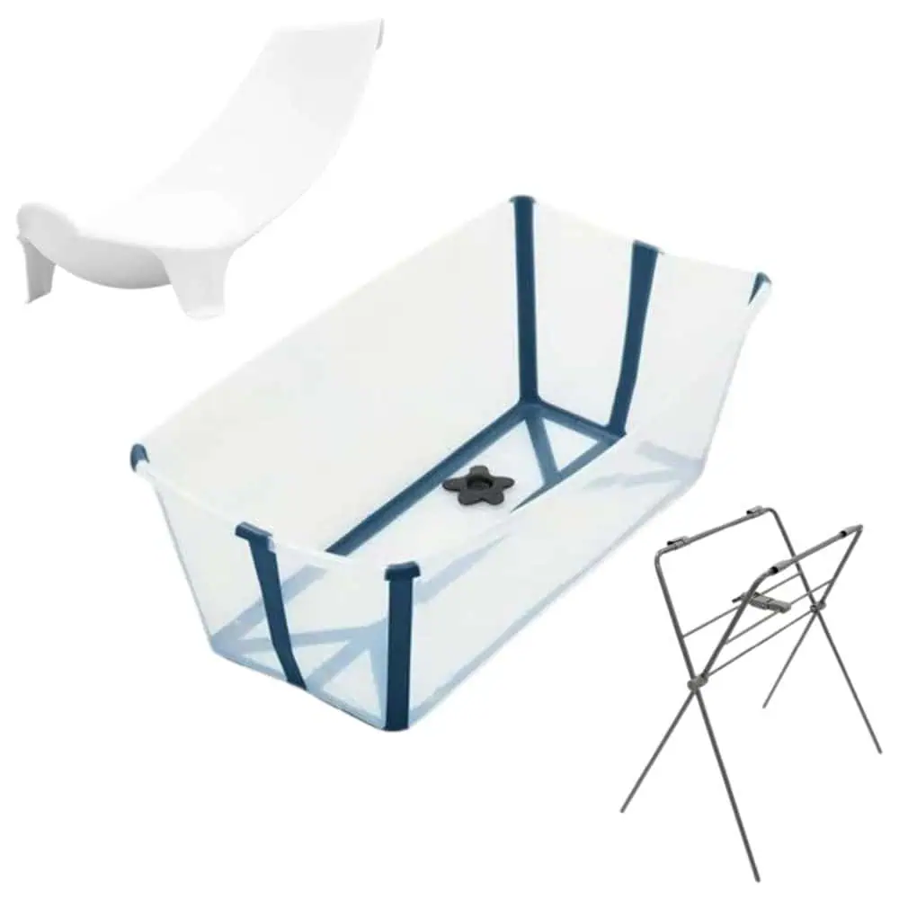 Zestaw Stokke Flexi Bath Transparent Blue - składana wanienka, wkładka dla noworodków i stojak