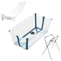 Zestaw Stokke Flexi Bath Transparent Blue - składana wanienka, wkładka dla noworodków i stojak
