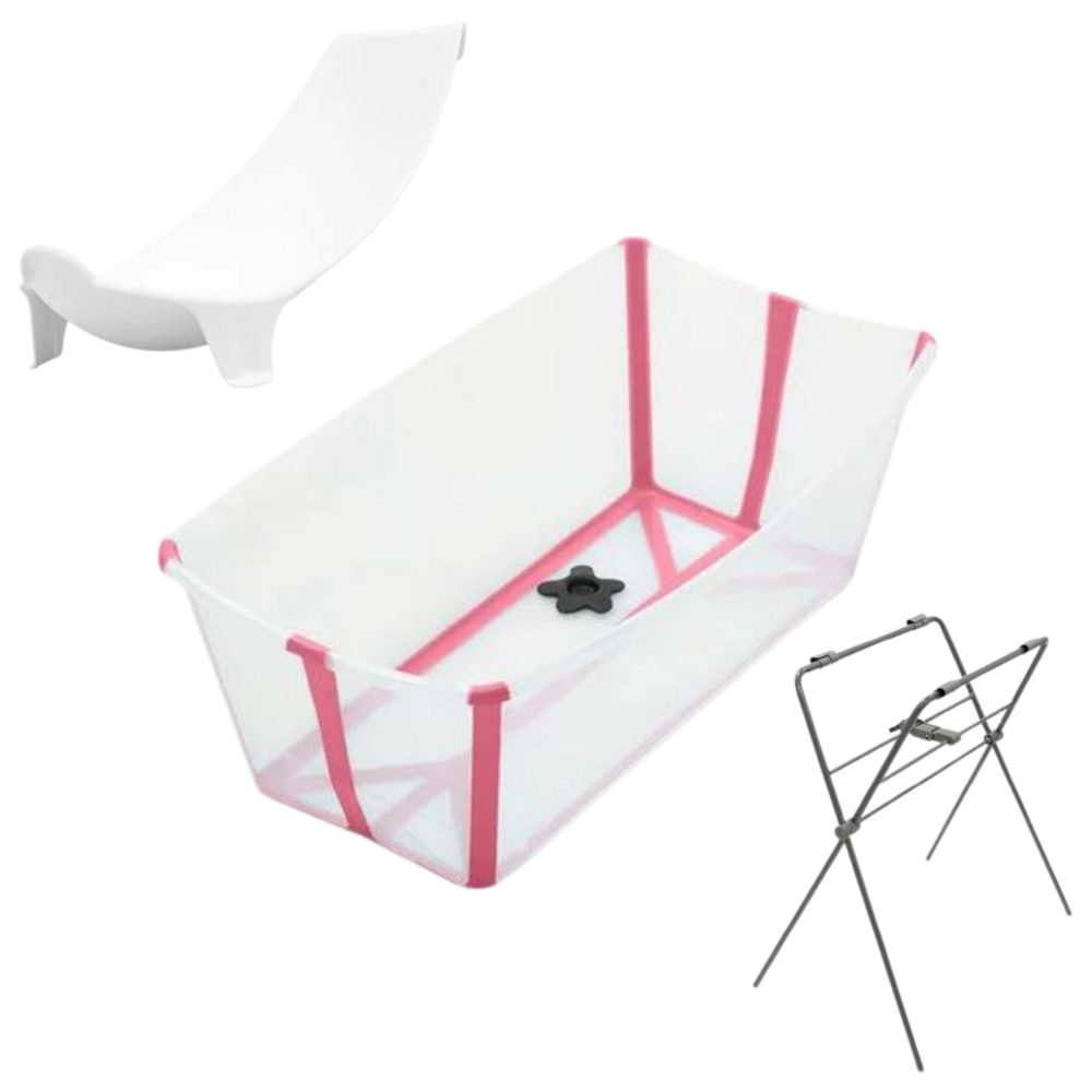 Zestaw Stokke Flexi Bath Transparent Pink - składana wanienka, wkładka dla noworodków i stojak