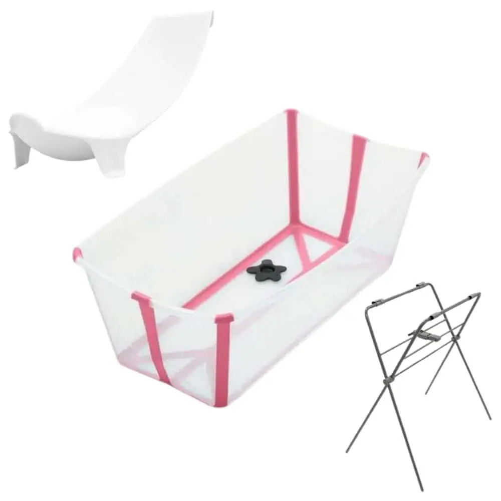 Zestaw Stokke Flexi Bath Transparent Pink - składana wanienka, wkładka dla noworodków i stojak