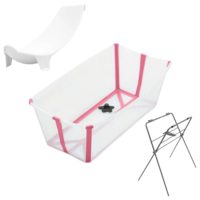 Zestaw Stokke Flexi Bath Transparent Pink - składana wanienka, wkładka dla noworodków i stojak