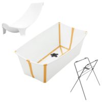 Zestaw Stokke Flexi Bath White Yellow - składana wanienka, wkładka dla noworodków i stojak