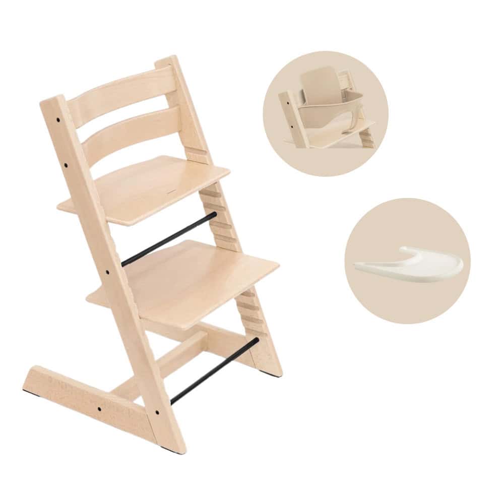 Stokke Tripp Trapp 3w1 – krzesło Tripp Trapp z drewna bukowego lub dębu, zestaw niemowlęcy i tacka