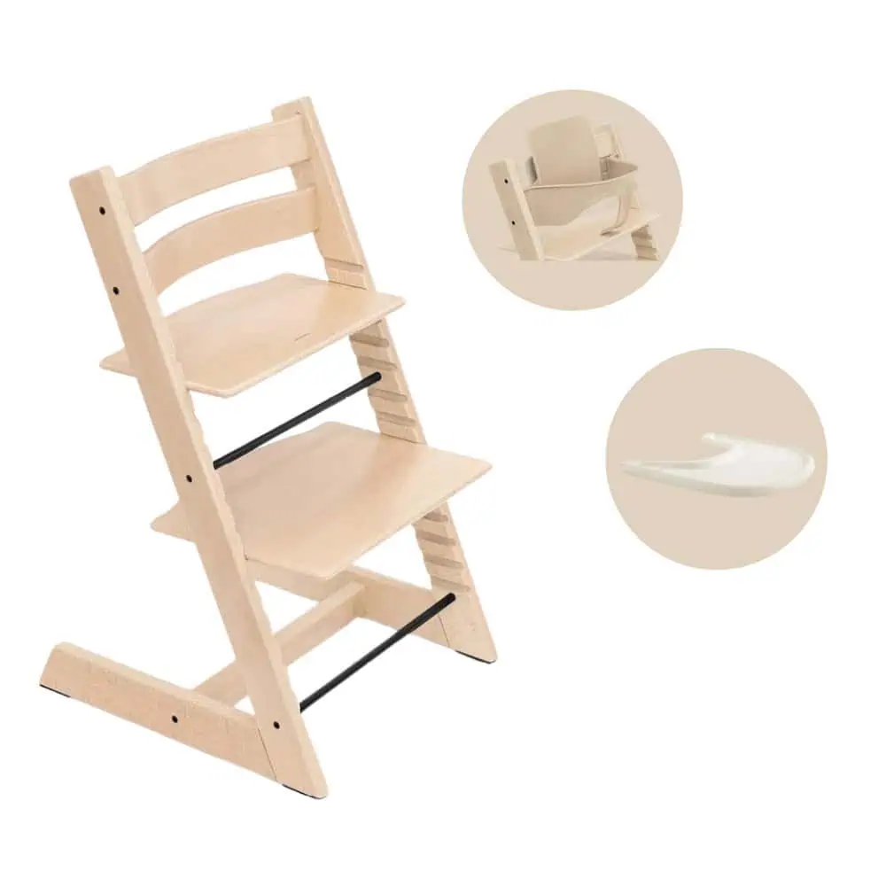 Stokke Tripp Trapp 3w1 – krzesło Tripp Trapp z drewna bukowego lub dębu, zestaw niemowlęcy i tacka