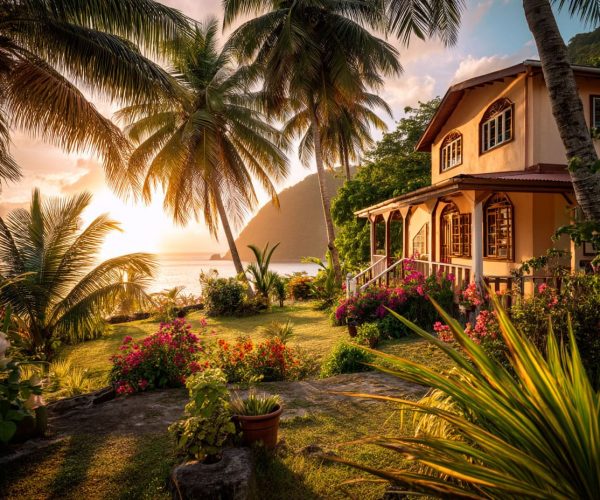 Luxurious beachfront villa in St. Lucia surrounded by lush tropical gardens, palm trees, and stunning ocean views at sunset, perfect for a private island getaway or investment property.