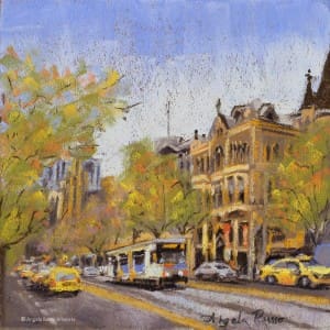 Vibrant pastel painting of Melbourne street scene with historic buildings and yellow taxis.