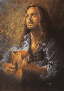 Portrait of Jesus playing guitar, pastel artwork from the Pastel Society of Victoria.