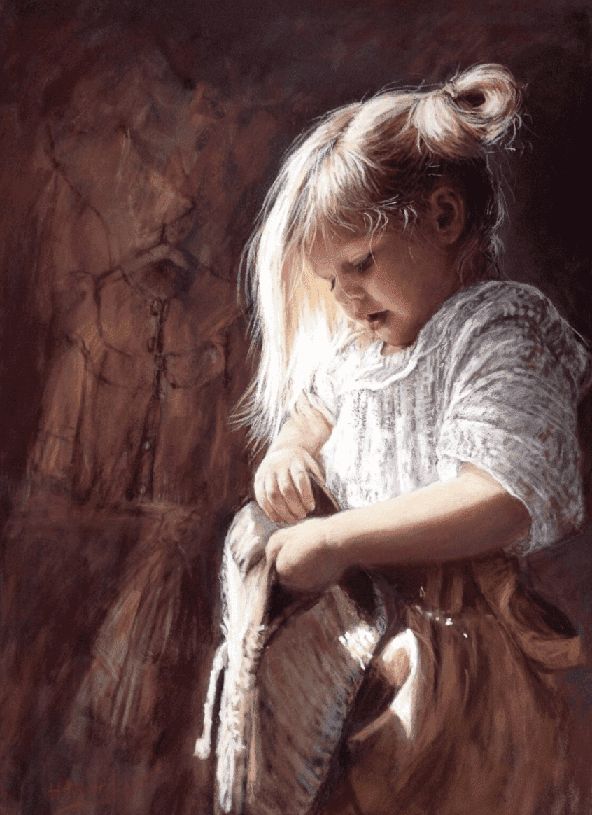 Young girl with pastel artwork, part of the Pastel Society of Victoria exhibition.