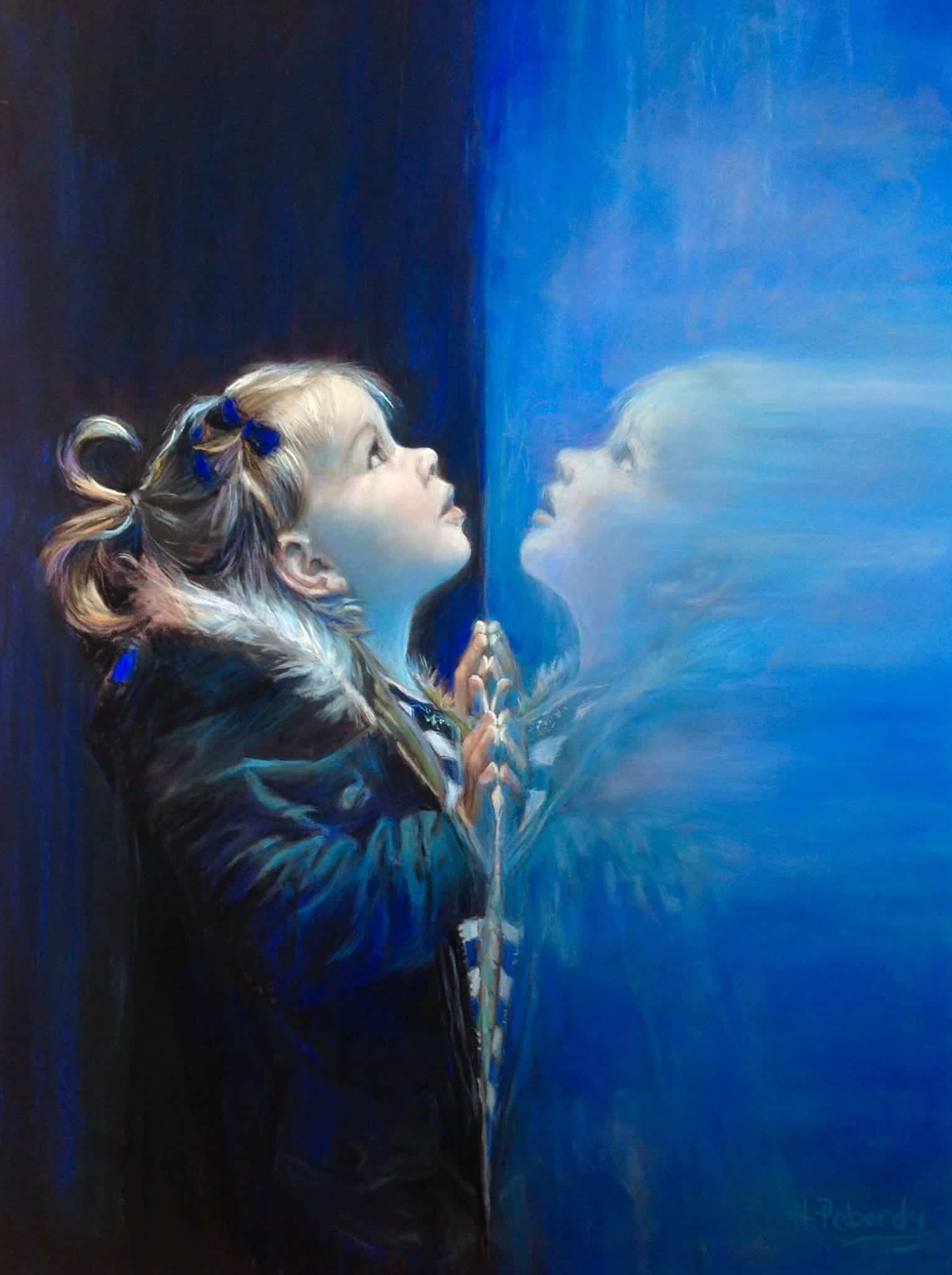 Pastel art of a young girl with a mirror reflection.