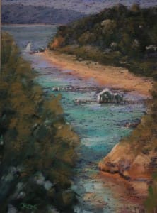 Pastel landscape painting of a river scene, awarded at the 2022 Exhibition Winners.