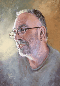 Portrait of a man with glasses, painted in pastel, celebrating the exhibition winners 2020.