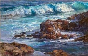 Pastel painting of ocean waves crashing on rocks, Exhibition Winners 2022.