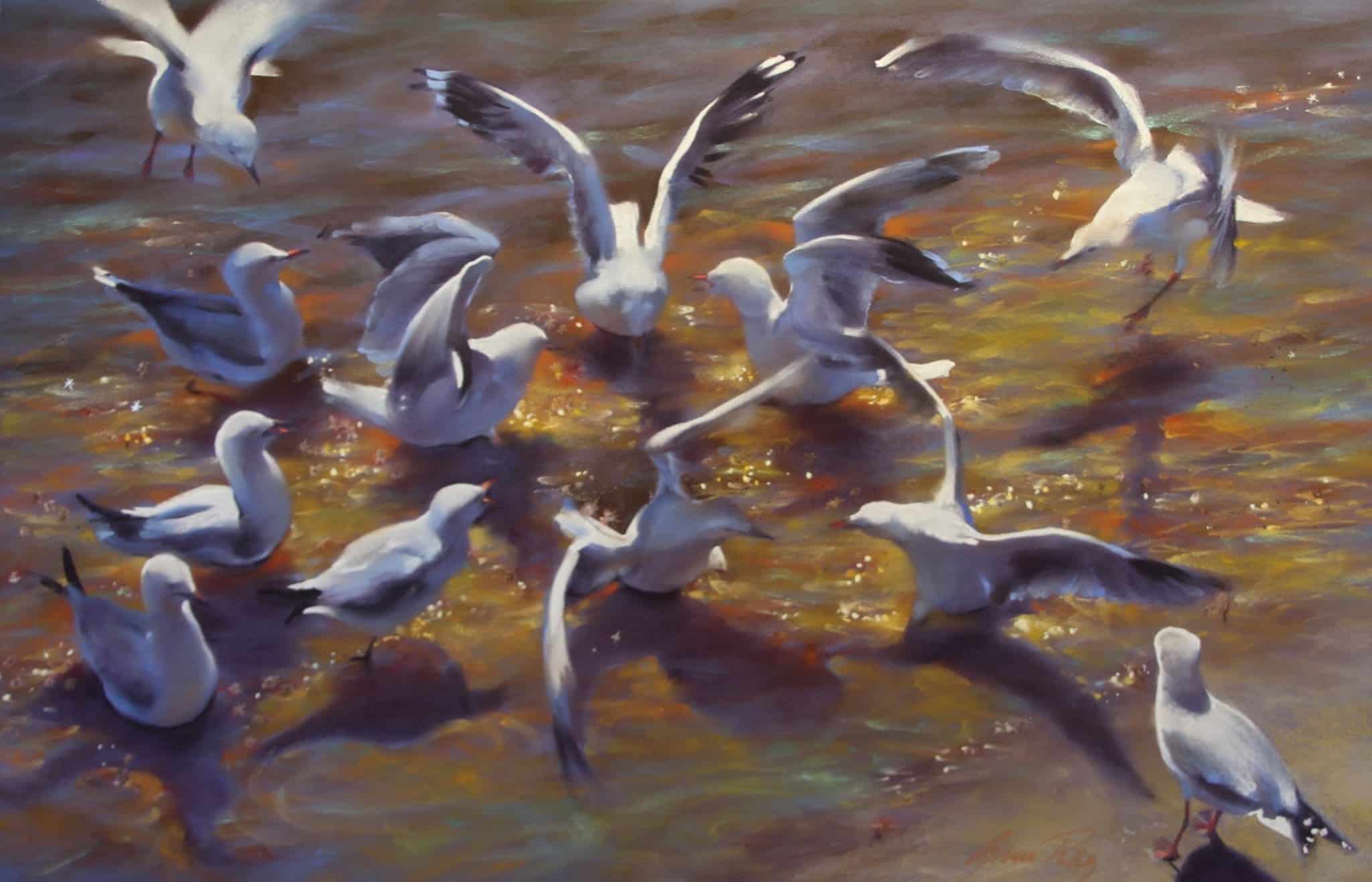 Seagulls gathered on water during the Pastel Society of Victoria's Annual Exhibition.