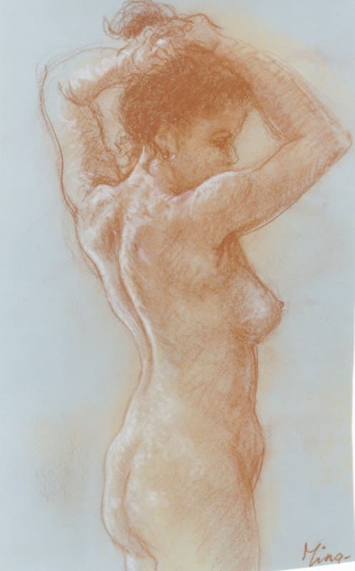Elegant pastel drawing of a nude woman with arms raised, showcasing artistic skill.