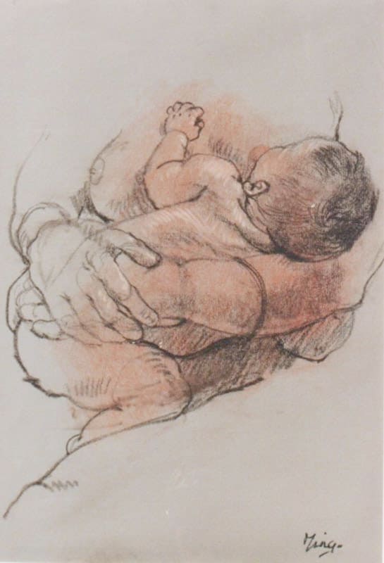 Baby in arms pastel drawing, showcasing tender moment and delicate artistry.