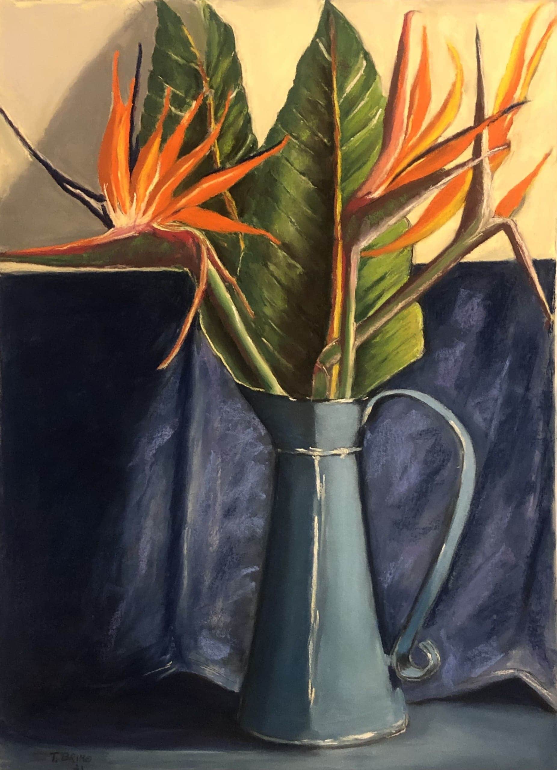 Flowers in a Blue Jug with Green Leaves.