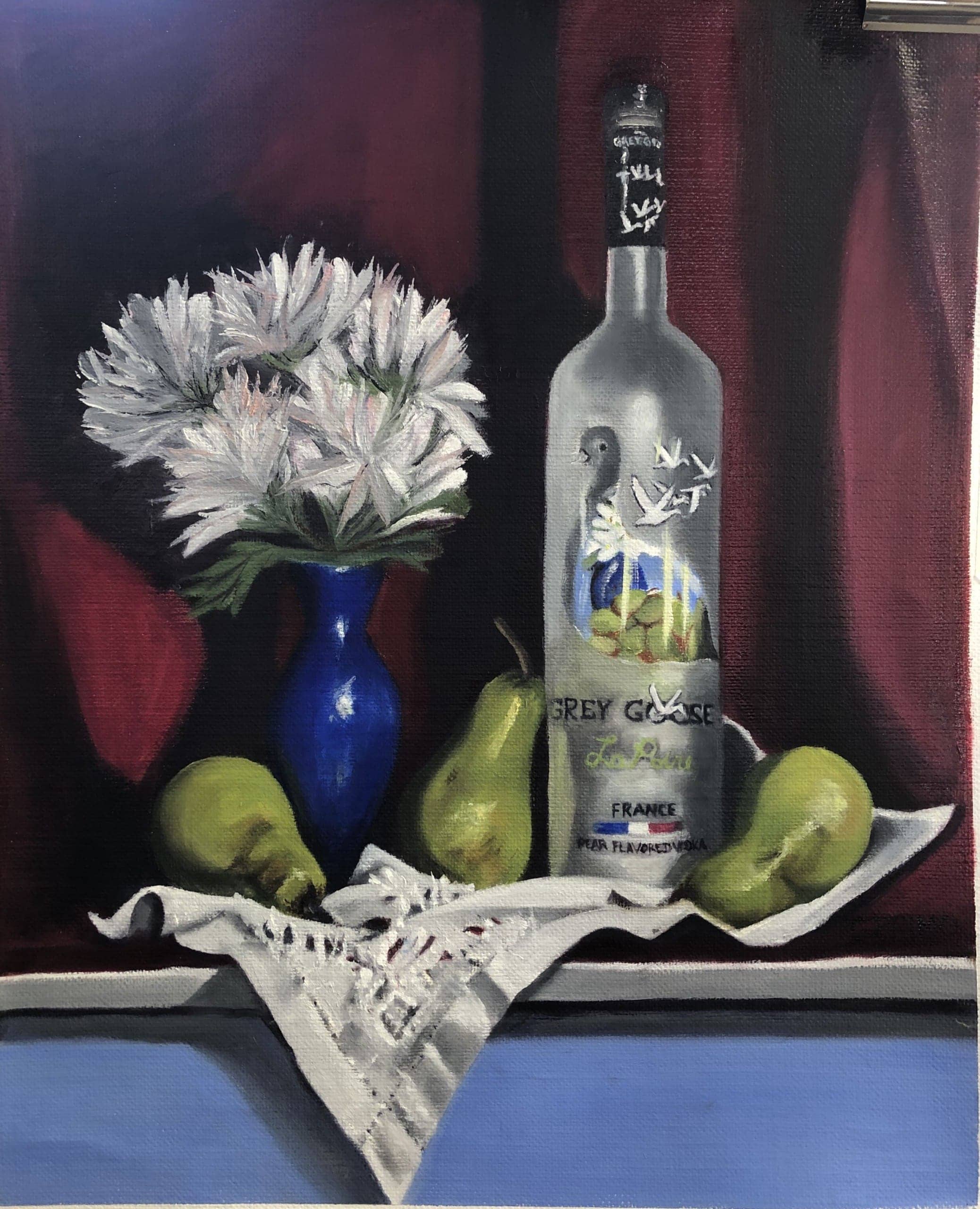 Pastel still life of flowers, pears, and a bottle.
