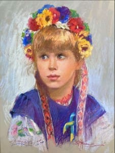 Pastel portrait of a girl wearing a colorful floral crown, part of the 2023 Exhibition Winners.
