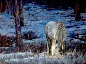 Horse in snowy landscape pastel artwork.
